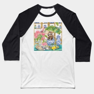 Monkey, pink cockatoo parrot and tabby cat in chinoiserie interior Baseball T-Shirt